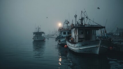 Naklejka premium Fishing boats anchored in foggy harbor at dusk with sun setting behind mist