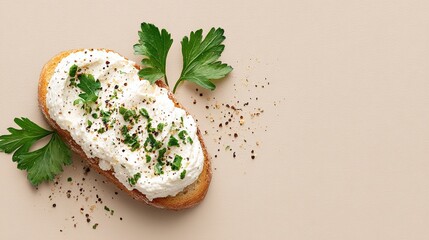 Savory Snack: Creamy cheese spread on toasted bread, garnished with fresh herbs and seasoning. A delicious and visually appealing appetizer or light meal.