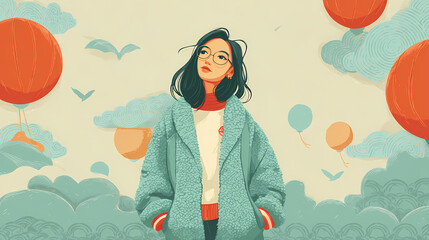 charming illustration of a young girl enjoying a mint green landscape with vibrant colors and whimsical elements inviting imagination and creativity for art lovers and enthusiasts