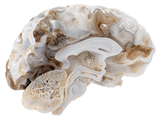 Artistic brain sculpture display gallery 3d artwork indoor close-up. Isolated on transparent background, png.