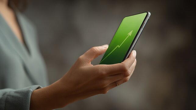 Financial Growth on Display: A person delicately cradles a mobile device showcasing a vibrant green screen, adorned with an upward trending line graph.