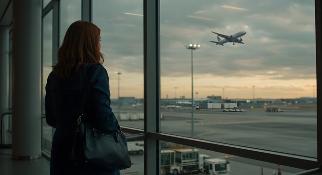 Woman watches airplane taking off from airport terminal window at sunset.