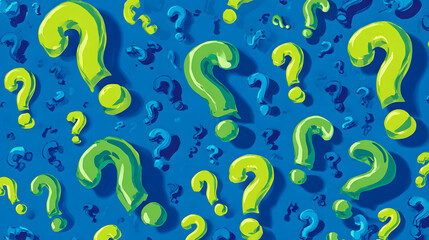 Obraz premium A seamless pattern of scattered blue and green question marks on a blue background, symbolizing an endless quest for answers and knowledge