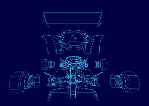 A detailed blueprint of a car highlights the aerodynamic chassis design on a vibrant blue background. The technical drawing showcases precise contours and sporty elements.