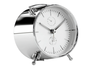 Timely elegance silver alarm clock modern design indoor close-up. Isolated on transparent background, png.