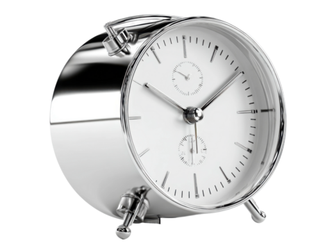 Timely elegance silver alarm clock modern design indoor close-up. Isolated on transparent background, png.