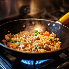 Fried rice is being stir-fried in a pan.