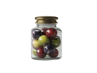 Colorful marbles in glass jar home decor still life minimalist. Isolated on transparent background, png.