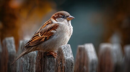 Colorful sparrow perched on a wooden fence in a serene garden during the golden hour