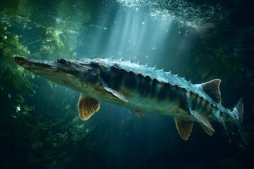 Prehistoric fish swimming in a dark green mysterious water, sun rays filtering from the surface