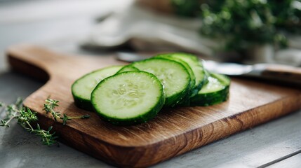 Freshly sliced cucumber on a wooden cutting board with water droplets glistening in soft light