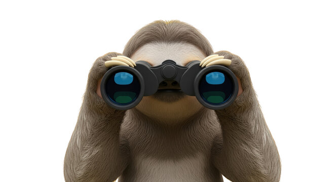 An image of sloth looking through binoculars isolated white.. The scene includes render, image, curious, adorable, white, digital, focus, nature,