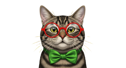 An image of smart cat wearing glasses and bowtie.. The scene includes face, image, stylish, eyewear, domestic, curious, playful, headshot,