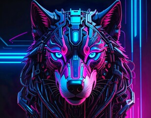 Cyberpunk Mechanical Wolf Head Neon Illustration