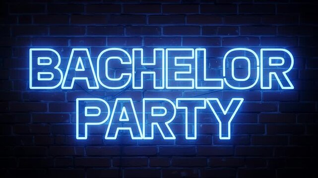 Glowing blue neon bachelor party sign on brick wall. 4K Video