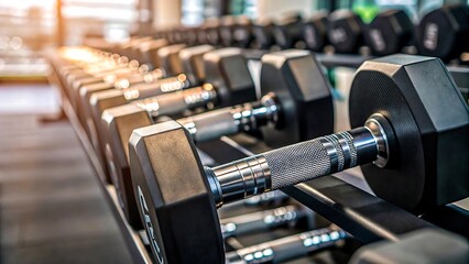 Fototapeta premium Close-up of black dumbbells in modern gym interior with morning sunlight 