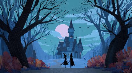 enchanting witches and wizards united in a magical embrace before a glowing Halloween scene filled with mystery and wonder capturing the essence of fantasy and adventure