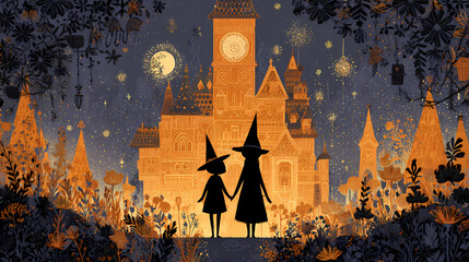 enchanted witch and wizard united in a magical embrace against a backdrop of glowing autumn leaves and a mystical hallows scene