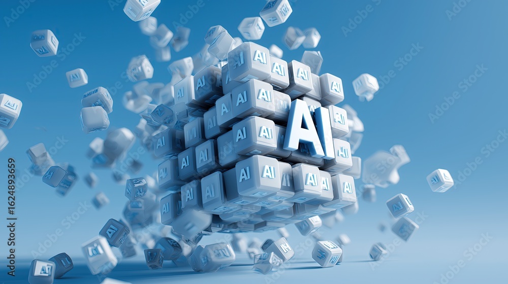 Poster floating white numeric cube with ai elements in light blue space, 3d abstract tech concept of data v