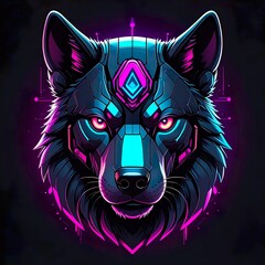 Cyberpunk Mechanical Wolf Head Neon Illustration