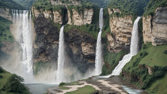 Twin waterfalls cascading into rocky canyon - Powered by Adobe
