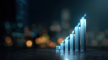 Ascending Bar Graph: A photorealistic bar graph ascends dramatically, the arrow showing growth set against a backdrop of a blurred city skyline.