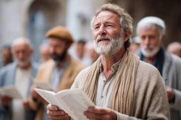 Elderly Man Singing in a Choir, Holding a Songbook