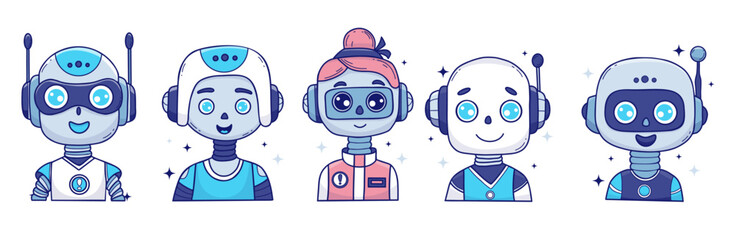 Cute Chatbot Face, Robot, virtual Assistant AI, bot girl set. Interface Icons. Vector hand drawing. Isolated cartoon Avatar character for tech support, security, chatbot, futuristic design. Not AI