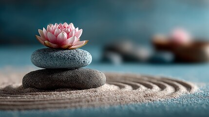 Pink lotus flower atop stones in a zen garden