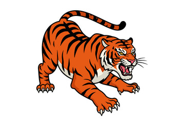 Fierce tiger ready to pounce orange fur black stripes bared fangs powerful stance