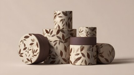 Sustainable cosmetic product packaging featuring a leaf pattern design on beige cylindrical containers showcasing a minimalist and nature inspired branding layout