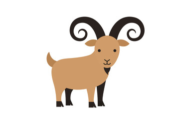 Geometric cartoon goat with dark curly horns and brown fur standing in simple pose