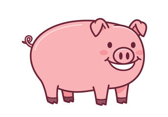 A smiling pink pig illustrated with simple lines and cheerful expression isolated on white