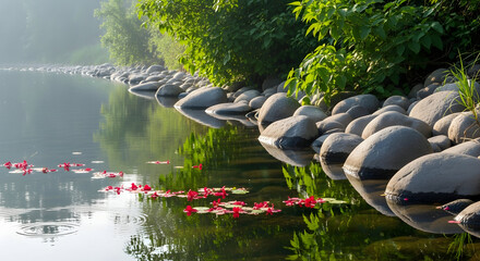 Red Leaves Floating on Dark Water in a Garden Pond