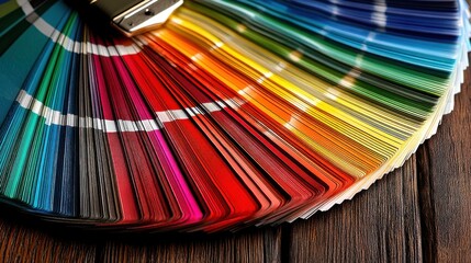 Colorful paint swatches fanned out on a dark wooden surface, showcasing a wide spectrum of shades for design and artistic projects