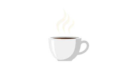 An image of steaming coffee cup on white background.. The scene includes object, white, style, simple, comfort, steam, wake up,