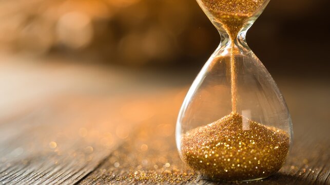 Flowing sand in hourglass with warm illumination, embodying temporal concepts for educational materials or artistic compositions.