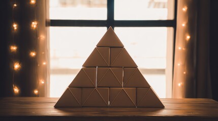 Cardboard packages arranged in pyramid on wood, representing modern consumerism for digital ads or unboxing content.