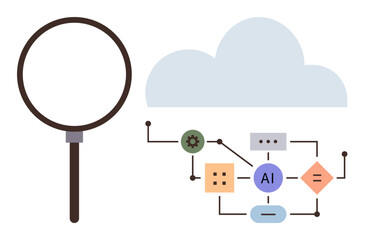 Magnifying glass near cloud and AI-related connections, gears, and shapes. Ideal for technology, AI, data analysis, cloud computing, machine learning digital innovation research. Simple flat