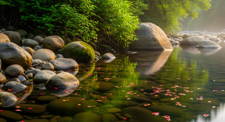 Red Leaves Floating on Dark Water in a Garden Pond