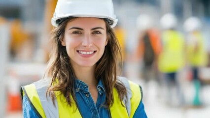 A female construction worker turns her head to the camera and breaks into a warm, friendly smile.