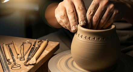 Hands shaping clay pot on pottery wheel with tools on wooden board in dimly lit workshop space