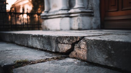 Cracked stone steps lead to a dimly lit sacred space adorned with candlelight and natural light in an ancient building
