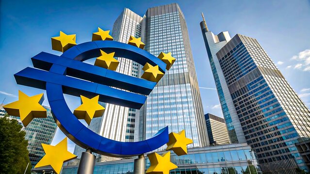 Euro currency symbol in front of European Central Bank and financial skyscrapers
