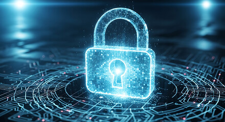 A digital padlock on a circuit board glowing with blue light representing cybersecurity protection