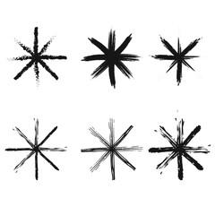Grunge hand-drawn star shapes, abstract asterisk symbols with brushstroke texture, rough lines, perfect for edgy designs, overlays, posters, branding, or digital art elements.