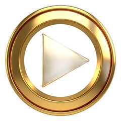 Golden Play Button Icon with Metallic Finish and Transparent Background