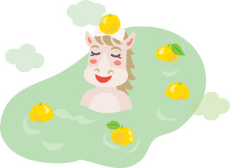 冬至に柚子湯に入る馬の女の子