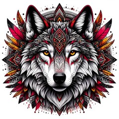 Boho Style Wolf Head Drawing with Mandala Elements