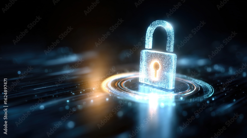 Poster digital security lock: a captivating representation of digital security, featuring a glowing padlock